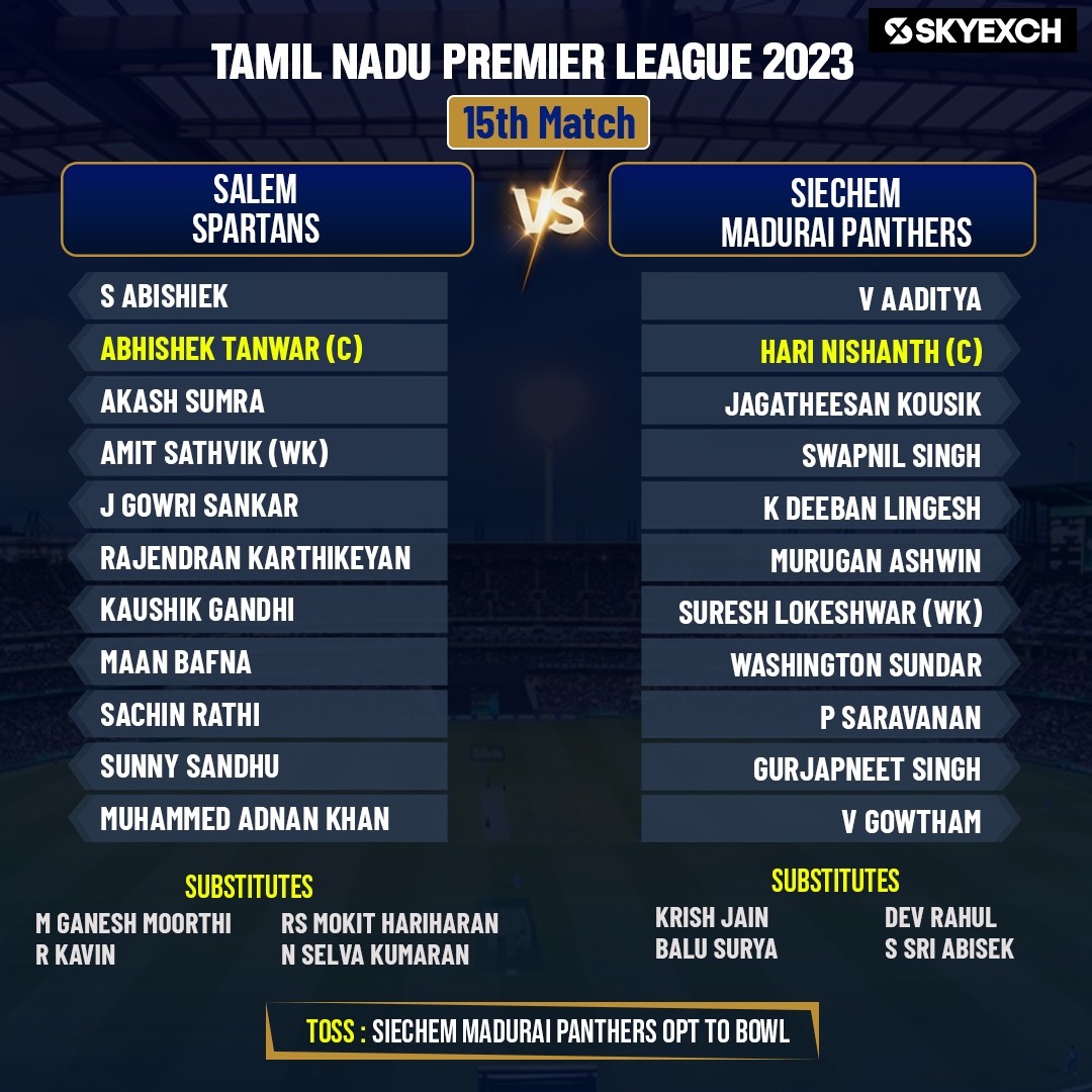 Siechem Madurai Panthers have won the toss and have opted to bowl first.

#SalemSpartans #SiechemMaduraiPanthers #TNPL #Toss #T20 #Cricket #SkyExch