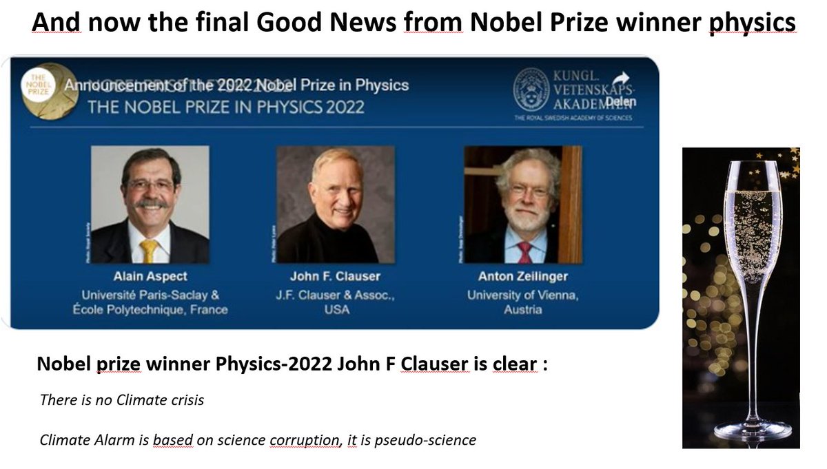 Fantastisch goed klimaat nieuws. Nobel prijs winnaar Physics 2022 John Clauser is duidelijk :
1) Er is geen klimaat crisis
2) Klimaat alarmisme is op basis van pseudo-science.
Beter kan ik het niet samenvatten