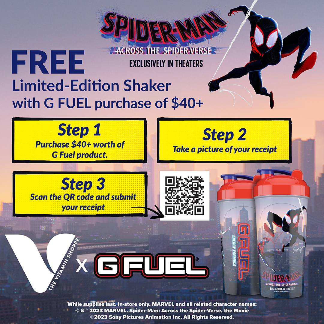 🤯 The Spider-War is coming to a @VitaminShoppe near you! Peep the deets & get your hands on a Vitamin Shoppe EXCLUSIVE @SpiderVerse #GFUEL SHAKER while supplies last! 🍿 See Spider-Man: Across the #SpiderVerse exclusively in theaters today! 📍 GFUEL.com/pages/stores