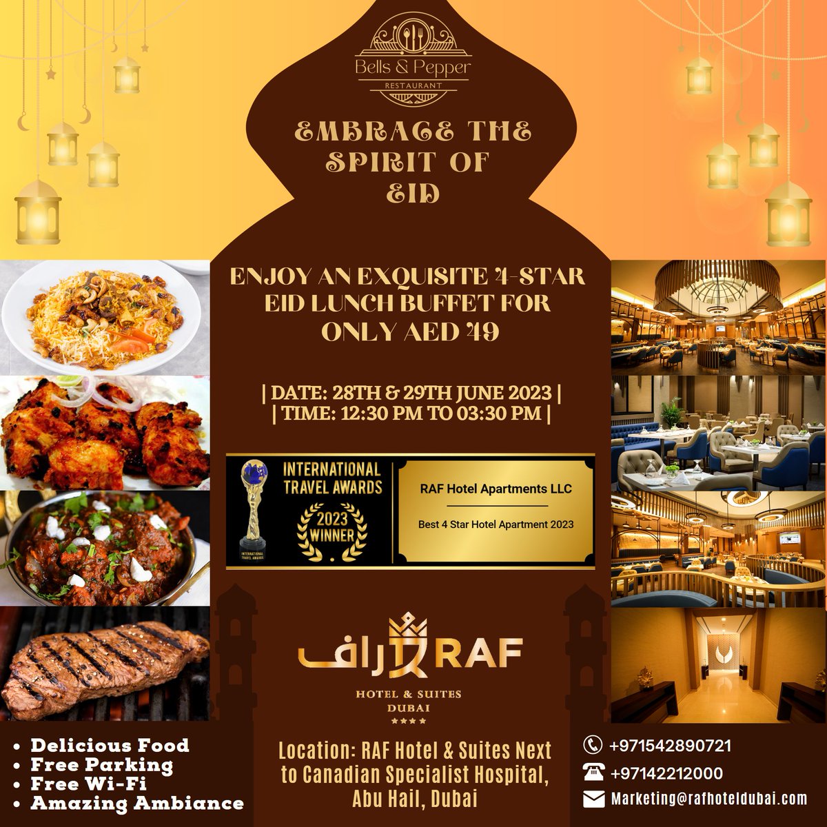 Enjoy an exquisite 4-Star EID Lunch buffet For Only AED 49!!

#RAFHotelDubai #Eid2023 #EidInDubai #Buffet #EidBuffet #eidholidays #EidVacation #EidOffer #eiddiscount #HotelInEid #Eid #RAFHotelAndSuites #DubaiOffer #DubaiHotel #lunch #lunchBuffet #DubaiFood #VisitDubai