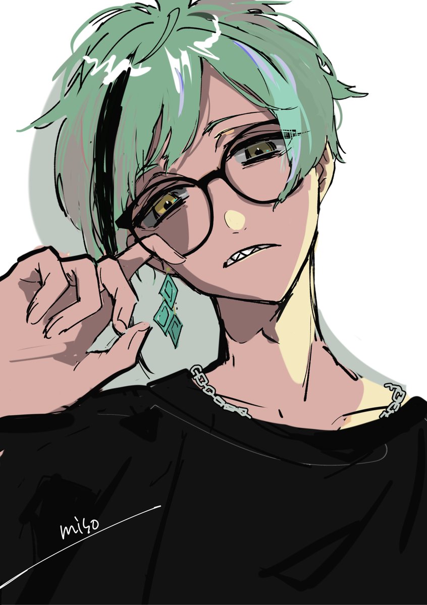 1boy male focus glasses jewelry streaked hair solo teeth  illustration images