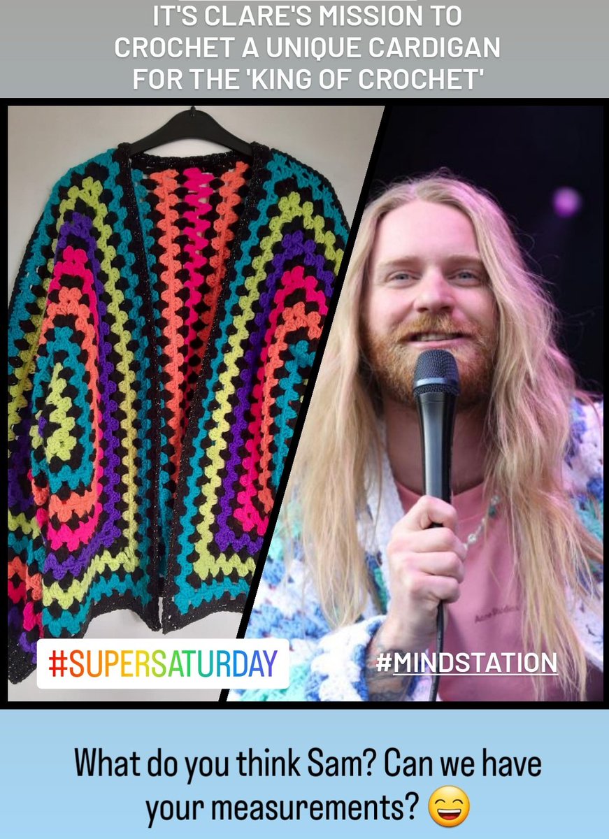 chrismonradio's tweet photo. @SamRyderMusic It's Clare's mission to crochet a unique cardigan for the 'King of Crochet'!π Can we have your measurements please Sam? π π§Ά #SuperSaturday #MindStation #ClareandChris https://t.co/Xg4n0ckX0q