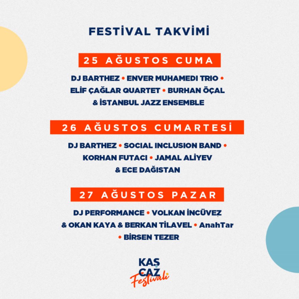 Müzikal yolculuğa hazır mısın?
Kaş’ın muhteşem doğası eşliğinde 25-26-27 Ağustos'ta, Setur Marina ev sahipliğinde gerçekleşecek olan Kaş Caz Festivali’nin programı sizlerle!

Biletler Biletix'te, Biletix linki Bio'da.

İyi müzik, iyi hisset!

#KasCazFestivali #GoodMoodGoodMusic