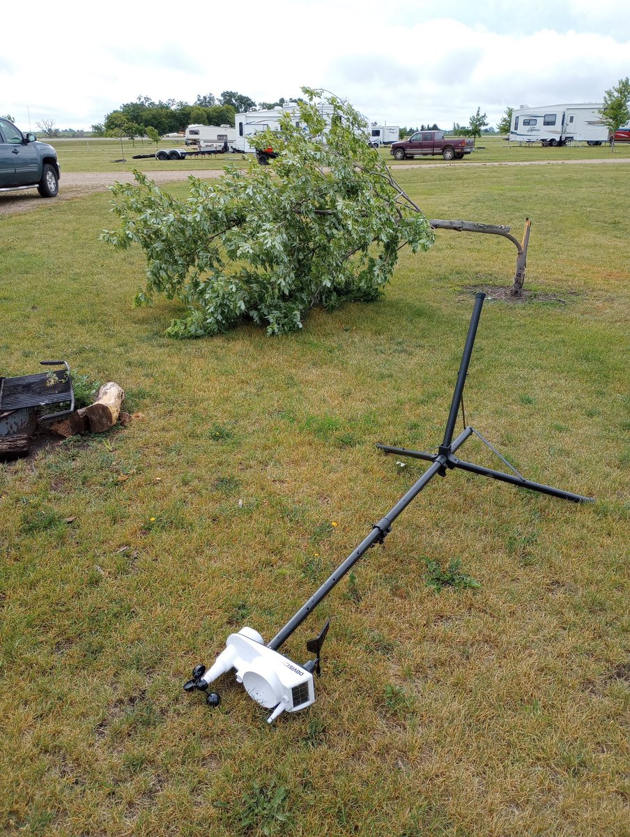 K0APR's tweet photo. @NWSSiouxFalls At Twin Lakes County Park just southwest of the Florence, MN RWIS station that measured the 65 mph gust. The Davis weather station maxed at 27 mph before tipping over. The tree is 3.5" diameter at the break. https://t.co/1ycbDP2x9K
