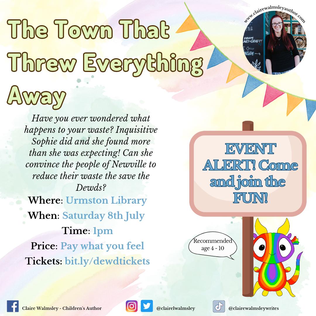 ClaireLWalmsley's tweet image. My first even in a year! At #UrmstonLibrary! First showcase of this version of &apos;The Town That Threw Everything Away&apos; . Storytelling and activities. Tickets are pay what you feel at bit.ly/dewdtickets 
@FlixtonUrmston #kidlit #trafford