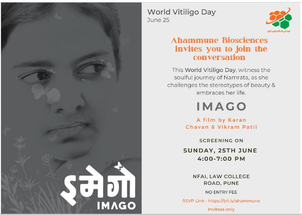 This #WorldVitiligoDay on June 25th, <a href="/ahammune/">Ahammune Biosciences</a> invites you for the screening of a very special film – IMAGO, featuring the beautiful story of a young girl who challenges the stereotypes of beauty and embraces her life.
We would be thrilled if you join us. 
bit.ly/ahammune