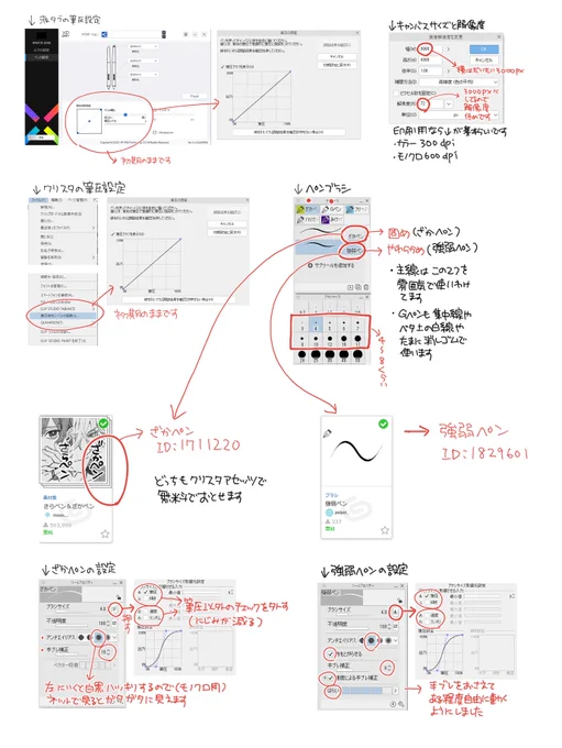 画力は私も無いのでアナログ時代の手癖もあるかもですが今のペン設定まとめてみました 滑るのはペン先ですか?昔グリップが欲しくてペンに布巻いてましたがラバー巻くと安定するかも タブレットの角度が急だと滑ってました ワコムが固めでXPペンは柔らかめに感じますがiPadと比較してみたいです