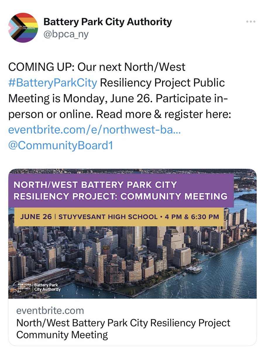 This is your opportunity to learn what is being planned to protect West Side below North Moore Street from climate change. Sorry to be harsh but: Show up now or shut up later. <a href="/CommunityBoard/">Community Board 3</a> <a href="/BPCNA_official/">BPCNA</a> @GPTA_BPC <a href="/saveBPC/">The Battery Alliance</a> <a href="/siadvance/">SIAdvance</a> <a href="/broadtweetnyc/">The Broadsheet</a> <a href="/TribecaTrib/">Tribeca Trib</a>  Thank you!