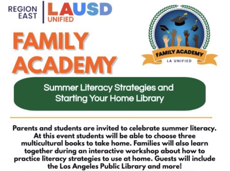MsTinocoEnciso's tweet photo. We thank the Office of Student, Family and Community Engagement (OSFACE), the team at Schwabe Books, the LA Public Library (LAPL), the Division of Adult and Career Education (DACE), and East LA College (ELAC) for promoting literacy during our Family Academy! @LASchoolsEast https://t.co/McaZDkzu1N