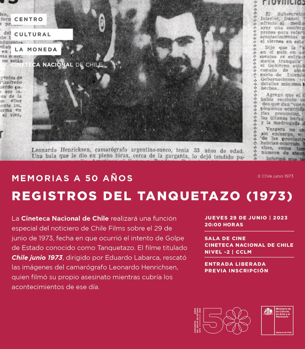 MoralescMarcelo's tweet photo. El próximo jueves 29 de junio a las 20 horas en la sala de la @CinetecaChile, conmemoremos 50 años del asesinato de Leonardo Henrichsen, en el contexto del llamado Tanquetazo o Tancazo, el intento de golpe del 29 de junio de 1973. Va hilo sobre lo que podrán ver ese día -> https://t.co/82DcRIPBcM