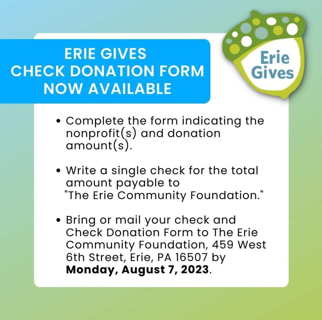 We are so excited to announce that the Check Donation Form is now available on the #ErieGives website! Let the giving begin! 🎉 Click the link to learn more and make your generous #Donations today: bit.ly/ErieGiveswayst…

#GivingBack