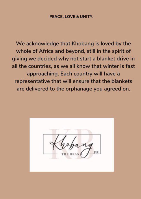 I am excited about this project. Sat,1st of Jul 23 will be the day we visit orphanages and donate blankets. Please come in numbers to support. This is also our chance to meet. KB’s in Gauteng show up. Thank you to everyone who donated🙏🏽 
KHOBANG BLANKETS DRIVE #KhobangTheBrand