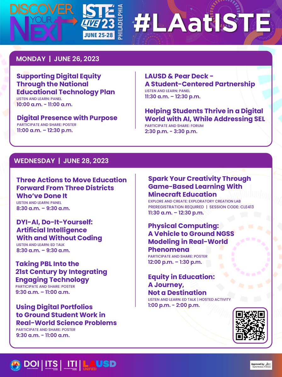Are you attending #ISTELive 23? Join our <a href="/LASchools/">Los Angeles Unified</a> sessions from listen &amp; learn panels and ed talks, to participate &amp; share posters and forums, to explore &amp; create exploratory creation lab experiences!

#LAatISTE #DigCitLA #CS4LAUSD

Learn with us! Visit: bit.ly/LAatISTE23