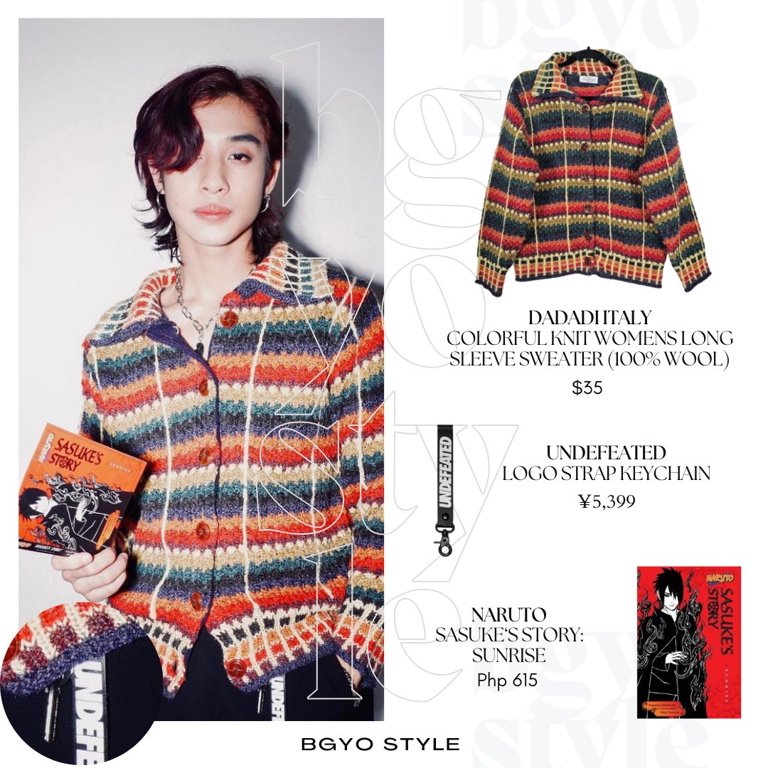 bgyostyle's tweet photo. #BGYOstyle #MIKKIstyle #MIKKIfashion @BGYO_Mikki

[SNS Update] 230624 - BGYO Mikki Instagram &amp; Twitter Update wearing:

#DADADIITALY Colorful Knit Womens Sweater 
#UNDEFEATED Logo Strap Keychain 
#NARUTO Sasuke’s Story: Sunrise

#BGYO @bgyo_ph https://t.co/GZJ0wUxS9c