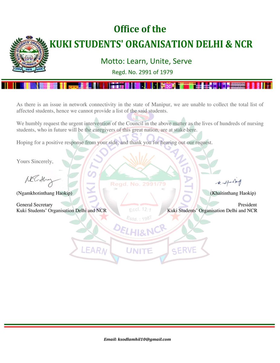 A request was made by KSO Delhi and NCR to the Indian Nursing Council to migrate/relocate affected Kuki-Zo nursing students to other institutes so that their studies are not hampered by the ongoing voilence in the state of Manipur. 

#Manipur #ManipurViolence