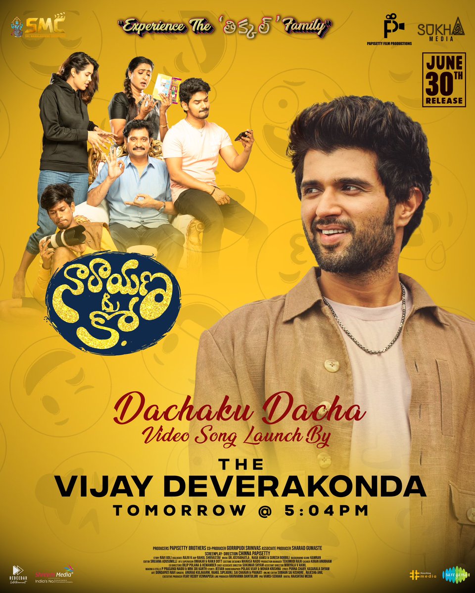 ChinnaPapisetty's tweet photo. Our Rowdy Boy &amp; Heartthrob @TheDeverakonda will be launching the Middle Class Anthem❤️‍🔥😍

Vibe to #DachakuDacha from Tomorrow at 5:04PM🤩

#NarayanaAndCo #NarayanaAndCoOnJune30

@UrsSudhakarK @Pooja_kiran @ChinnaPapisetty @Sukha_Media @PapisettyFP @saregamasouth @shreyasgroup https://t.co/O1pZt3G9Zm