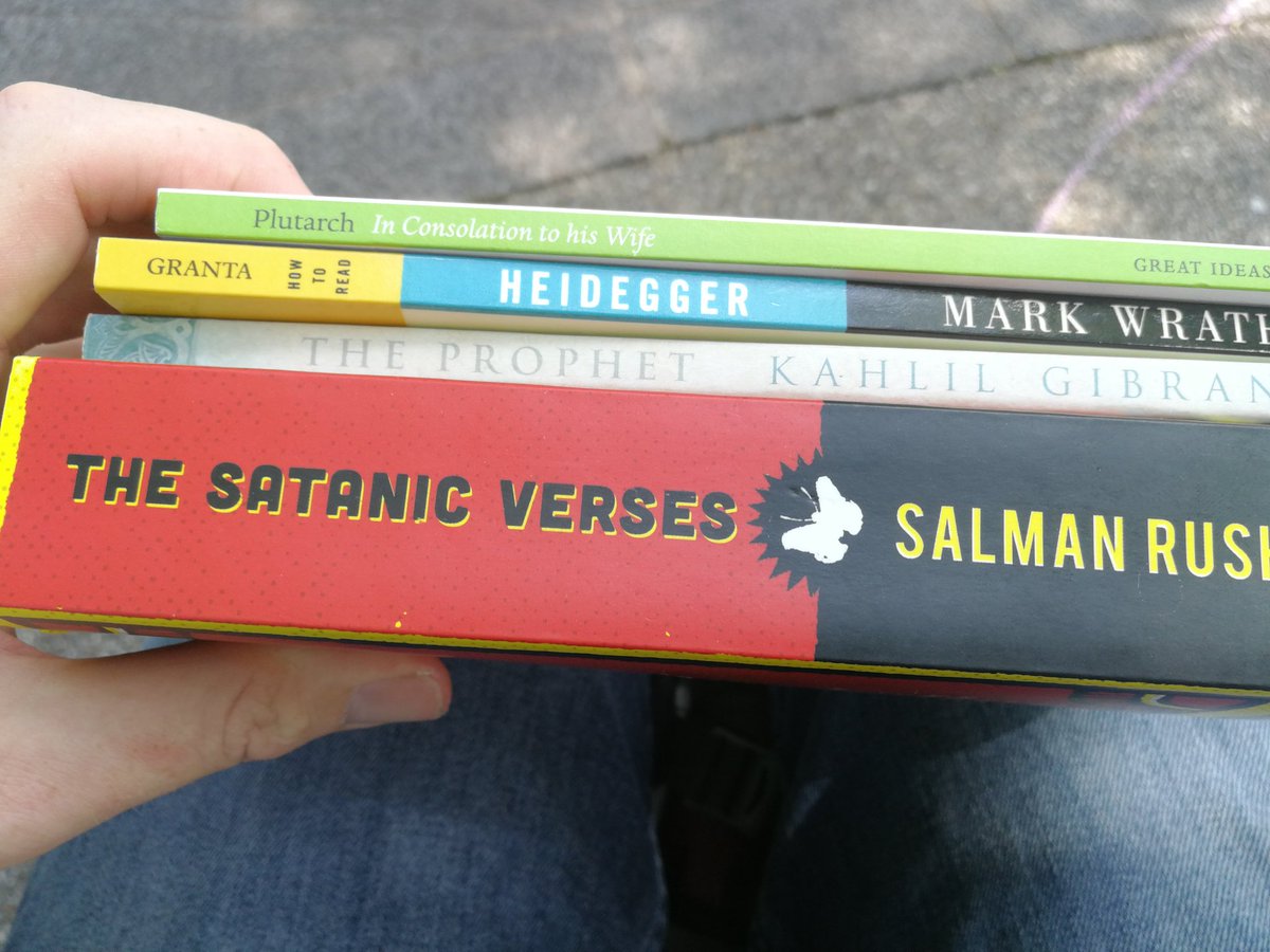 @five_books Got these four from a secondhand bookshop today, so these will keep me busy all weekend: Plutarch, Gibran's The Prophet, a guide to Heidegger and Rushdie's The Satanic Verses, which I've read before but am eager to read again.