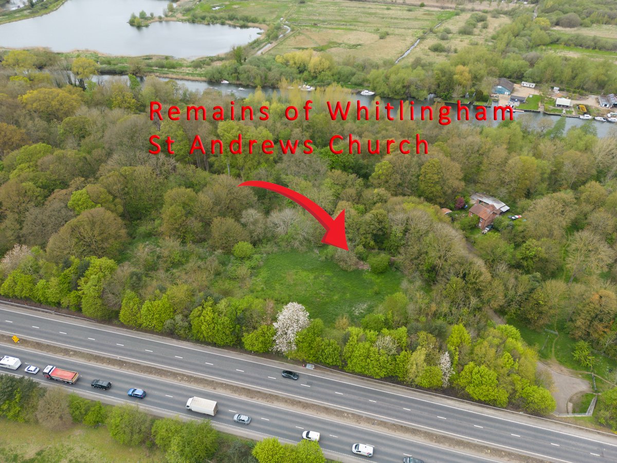 johnfielding001's tweet photo. Aerial image: The remains of Whitlingham St Andrew's Church between the River Yare &amp; Norwich's southern bypass. Site of a Norfolk lost village #Whitlingham #aerial #image #Norfolk #aerialphotography #LostVillagesNorfolkBook https://t.co/4oDvvQBLmW