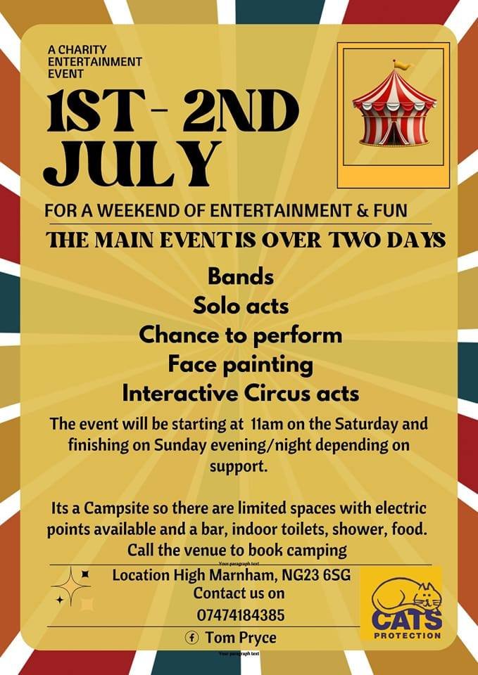 NorthNottsBC's tweet photo. More family fun in #Bassetlaw next weekend with stall holders, circus acts, musicians, entertainers and face painters willing to give their time to a good charity too 🐈‍⬛The Brownlow Arms in High Marnham. Saturday the 1st till Sunday the 2nd July. 
#VisitNorthNotts #LoveNorthNotts https://t.co/JgOwry9rvA