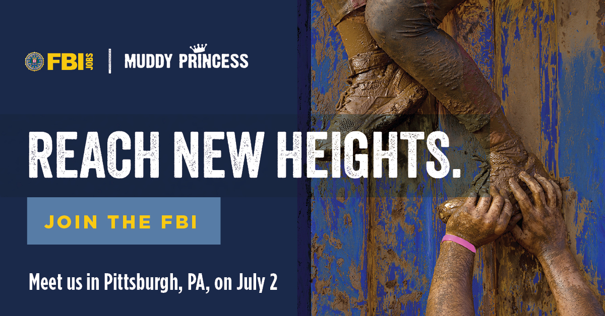 ✈️ Next stop: #Pittsburgh.
We're headed to #SteelCity for a day of fun at the #MuddyPrincess Challenge! Join us there for a chance to see how you can transfer the #determination & #collaboration you brought to the mud run into a role at the #FBI. #FBIJobs
ow.ly/GG4M50OEk6L