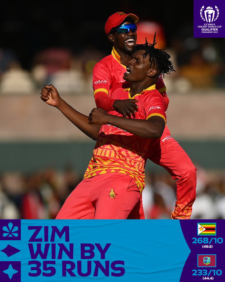 Zimbabwe 🇿🇼🤩

The hosts register a terrific win over West Indies to assert their supremacy in the #CWC23 Qualifier 👊

#CWC23 | ZIMvWI: bit.ly/3NnUl4G