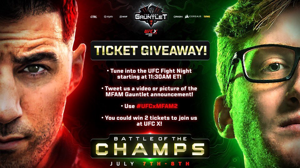 🚨 GIVEAWAY TIME 🚨

You guys went CRAZY on our MFAM Gauntlet announcement yesterday so we wanna hook ya up with tickets to #UFCxMFAM2! 

Like & RT this tweet, & follow the steps in the pic below to enter! Giving away 20 total tickets! GLHF 🍀