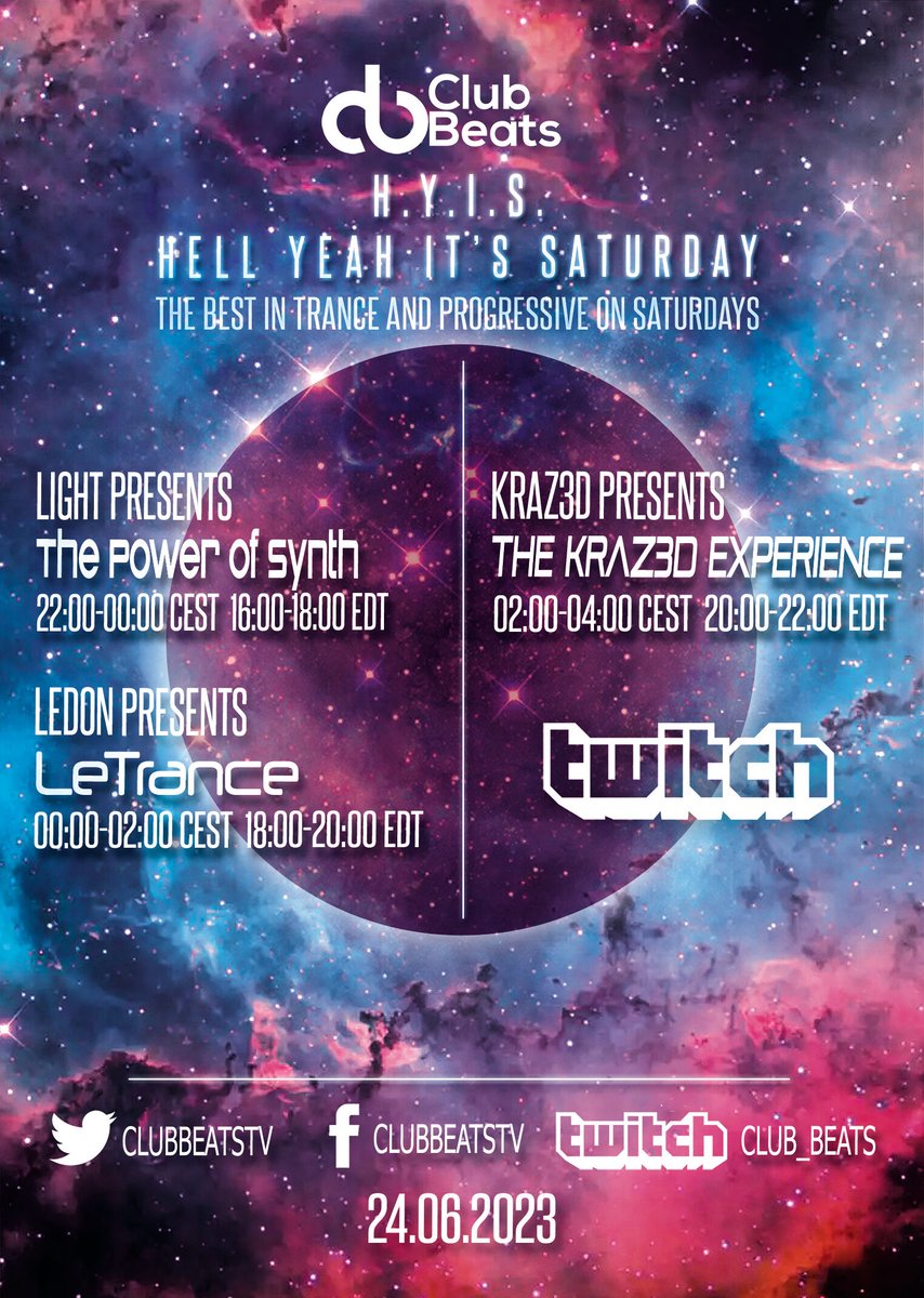 clubbeatstv's tweet photo. H.Y.I.S! Look at this line up tonight!  @Light2mix @LeDon_FR @kraz3d #Trance #trancefamily @Twitch #HYIS #twitch #livestream https://t.co/yVjdB0Uajg