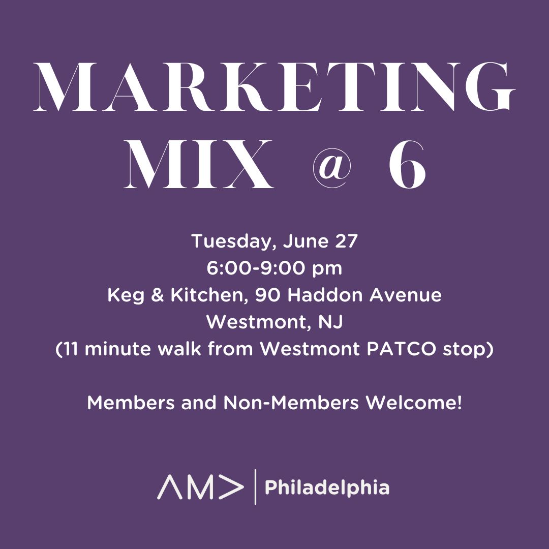 Counting down until Marketing Mix @ 6 next week! Are you getting ready? Get your tickets now!
ow.ly/uayI50OVcaI
 #Marketing  #MarketingEvents #Networking #AMAPhiladelphia