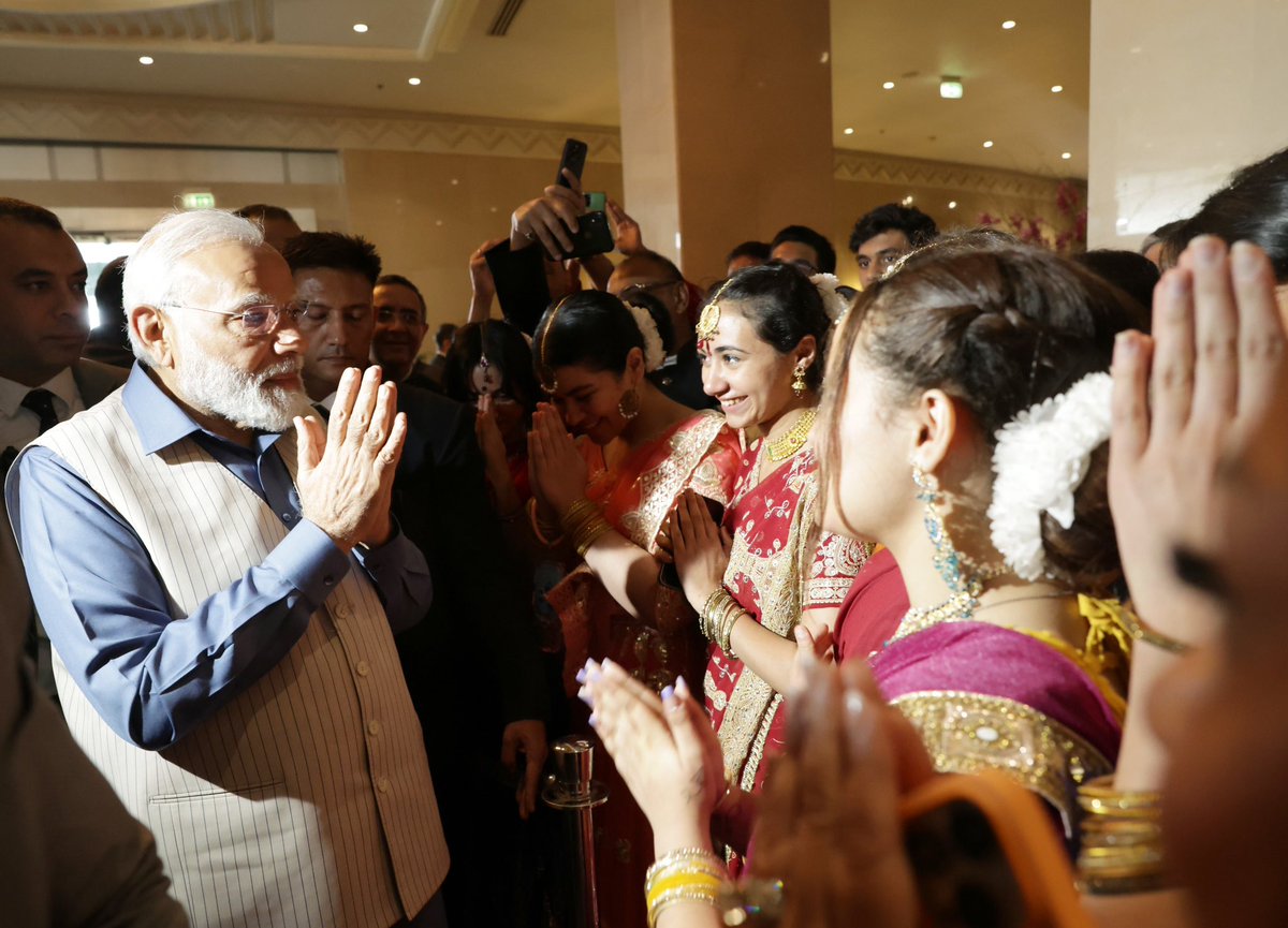 narendramodi's tweet photo. Deeply moved by the warm welcome from the Indian diaspora in Egypt. Their support and affection truly embody the timeless bonds of our nations. Also noteworthy was people from Egypt wearing Indian dresses. Truly, a celebration of our shared cultural linkages. https://t.co/rTqQcz3tz7