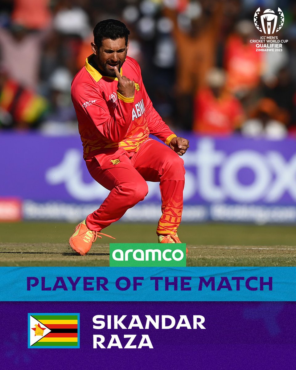 68 (58), 2/36 and 2 catches 🔥

Sikandar Raza is the @aramco #POTM for his sensational all-round display in the #ZIMvWI match at the #CWC23 Qualifier ✨