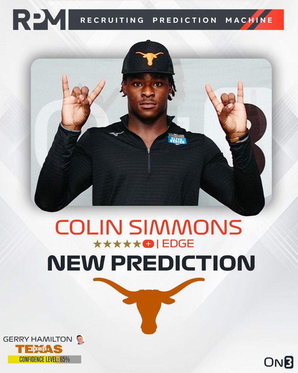 Texas recruiting insider @GHamilton_On3 has logged an expert prediction in favor of the Longhorns to land Five-Star Plus+ EDGE Colin Simmons🤘

on3.com/db/colin-simmo…