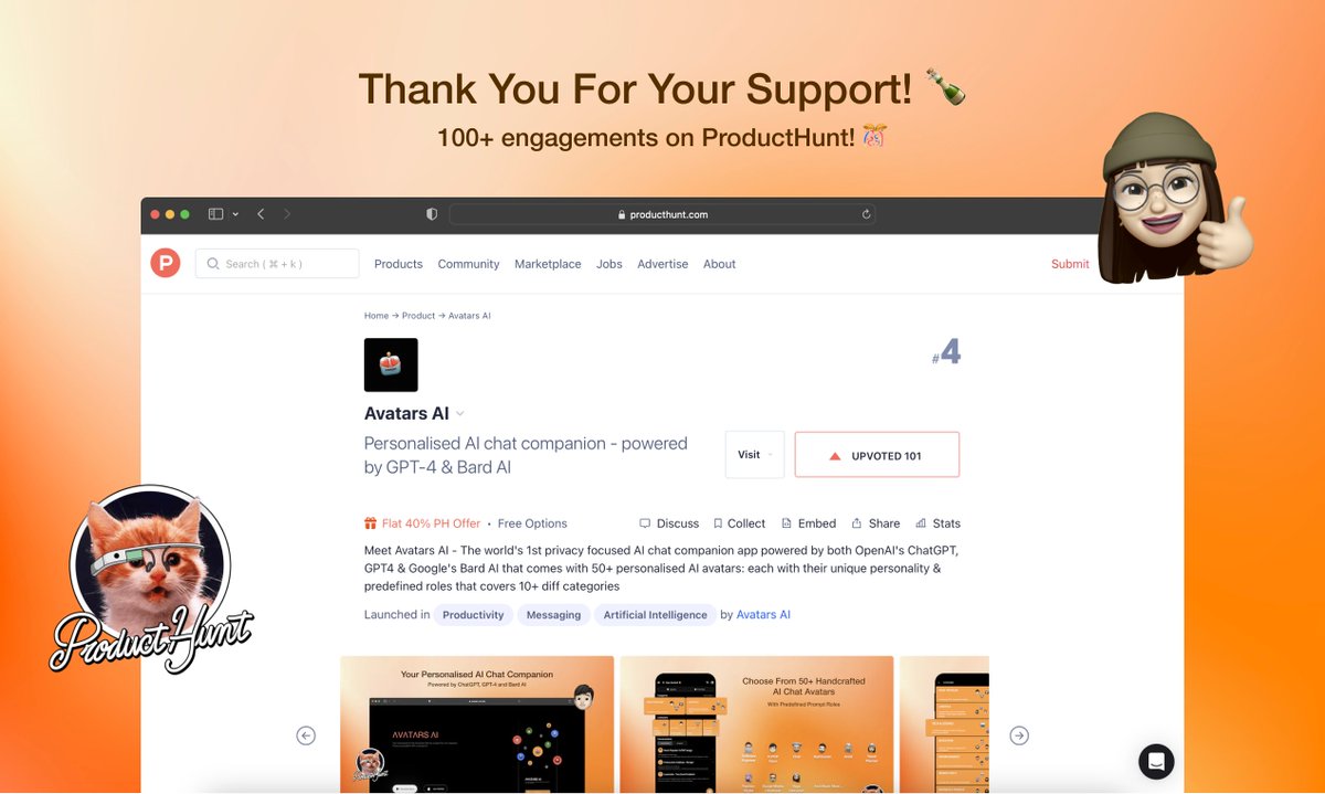 10 hours in - and we've just crossed 100+ engagements on <a href="/ProductHunt/">Product Hunt 😸</a> !🥳🎊

We thank each and everyone of you for your constant support thought-out the day. 💛
#3 Product of the day does(n't ?) looks far away!

Hop on and help us scale even more heights as we climb our way