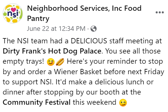 We love the <a href="/NSIFoodPantry/">NSI Food Pantry</a> crew! Come on in for a Wiener Basket to help support an amazing #Columbus nonprofit!