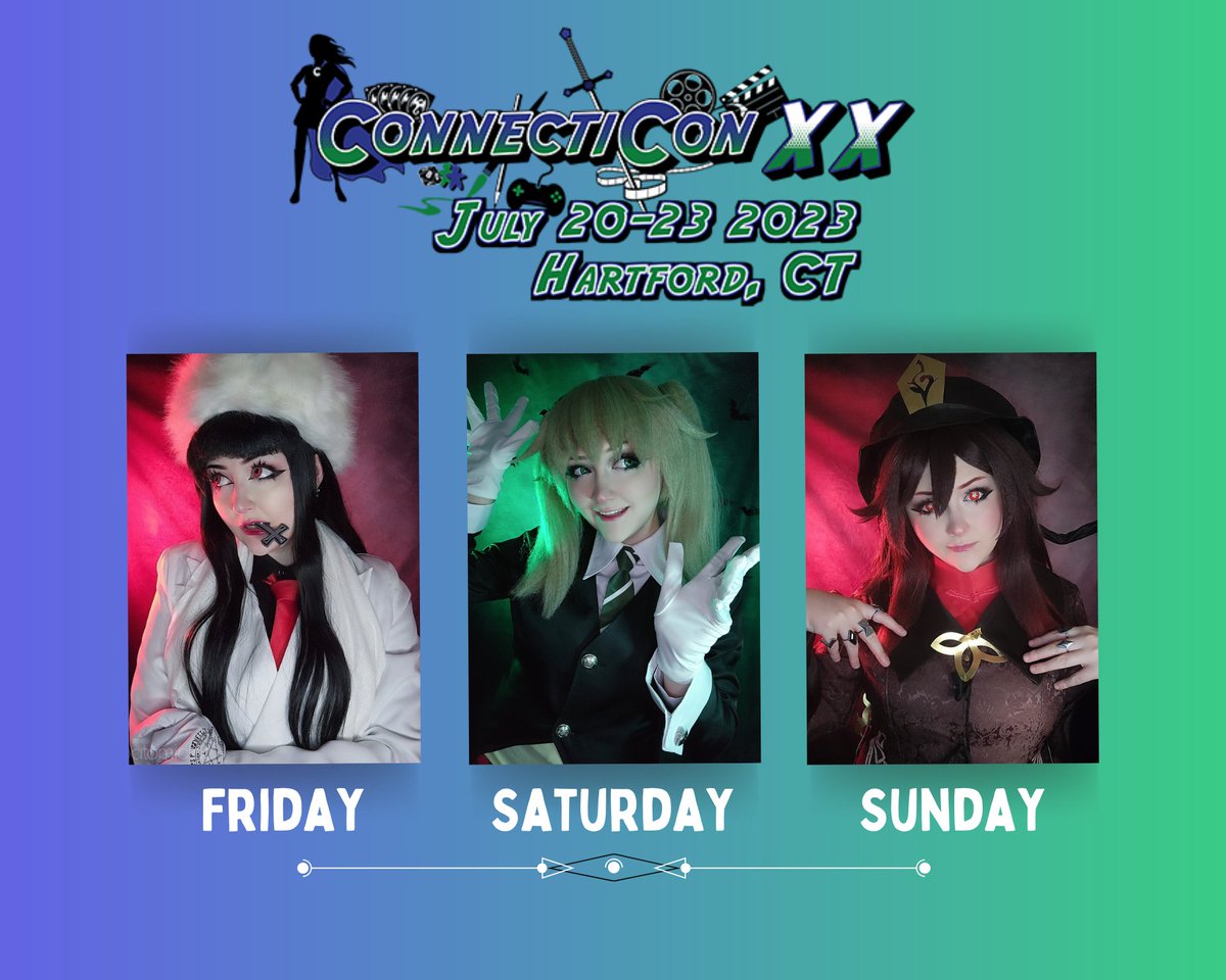 Updated ConnectiCon cosplay lineup! (⁠´⁠；⁠ω⁠；⁠｀⁠)💙💚 
#cosplay #cosplaygirl #connecticon #connecticon2023
