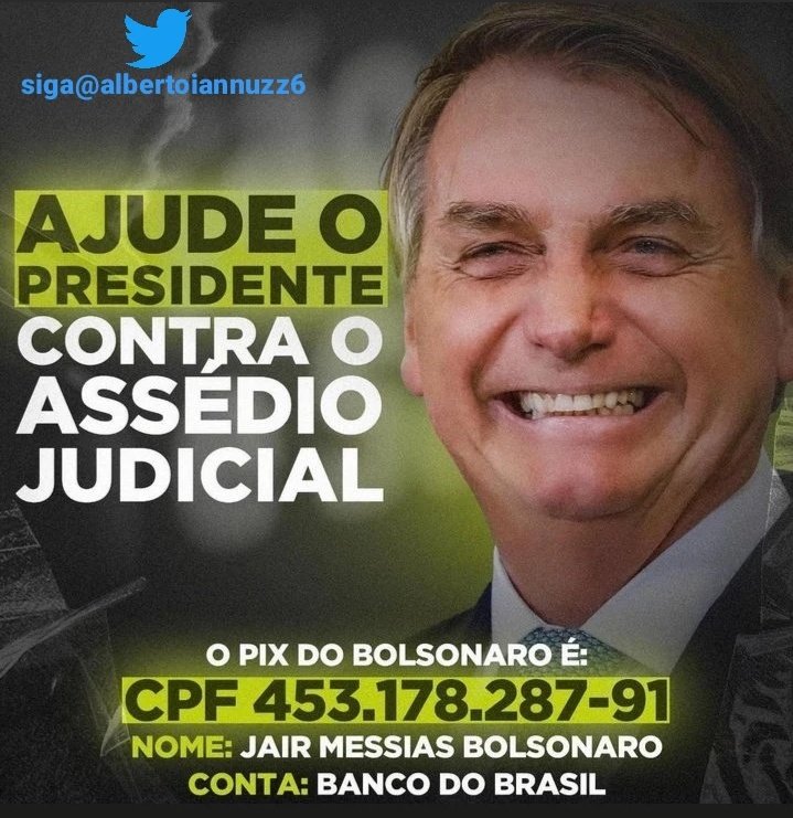 ALBERTOIANNUZZ6's tweet image. Pix doação ao nosso presidente Bolsonaro
CPF: 453.178-287- 91
Jair Messias Bolsonaro
@jairbolsonaro
Senta o dedo, REETWUITA.
