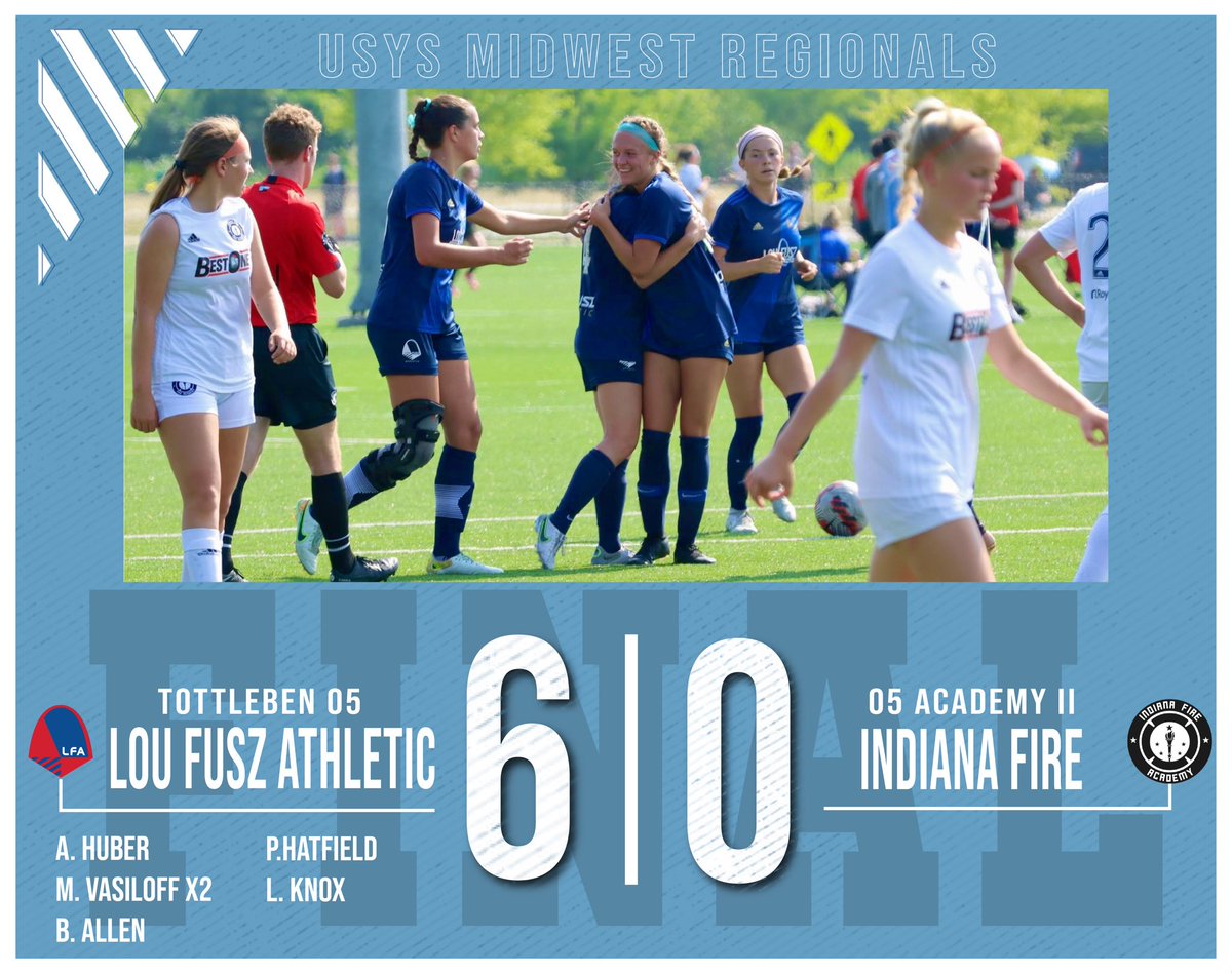 Final from USYS Midwest Regionals Day 1👏

We defeat Indiana Fire 05 Academy II in a dominant 6-0 victory!

Goals⬇️ 
- Anna Huber (Unassisted)
- Maddy Vasiloff (B.Cattoor)
- Bailey Allen (A.Lewis)
- Peyton Hatfield (B.Shutte)
- Lauren Knox (M.Vasiloff)
- Maddy Vasiloff (I.Hegger)