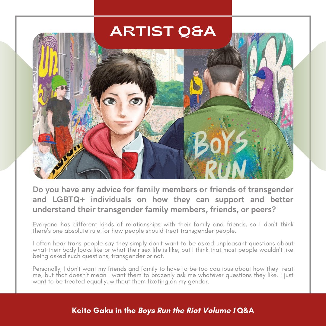GirlsinCapes's tweet photo. Ask the Artist: Do you have any advice for family members or friends of transgender and LGBTQ+ individuals on how they can support and better understand their transgender family members, friends, or peers?⁠

From the @KodanshaManga publication of BOYS RUN THE RIOT, VOL. 1. https://t.co/OP7Jep3U6q