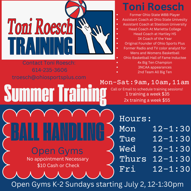 Here's what we got going on for working on your basketball game this summer.  Individual lessons with Toni and our ball handling/open gym.  Best way to develop the basics you need to be better at basketball - shooting, dribbling, and passing.