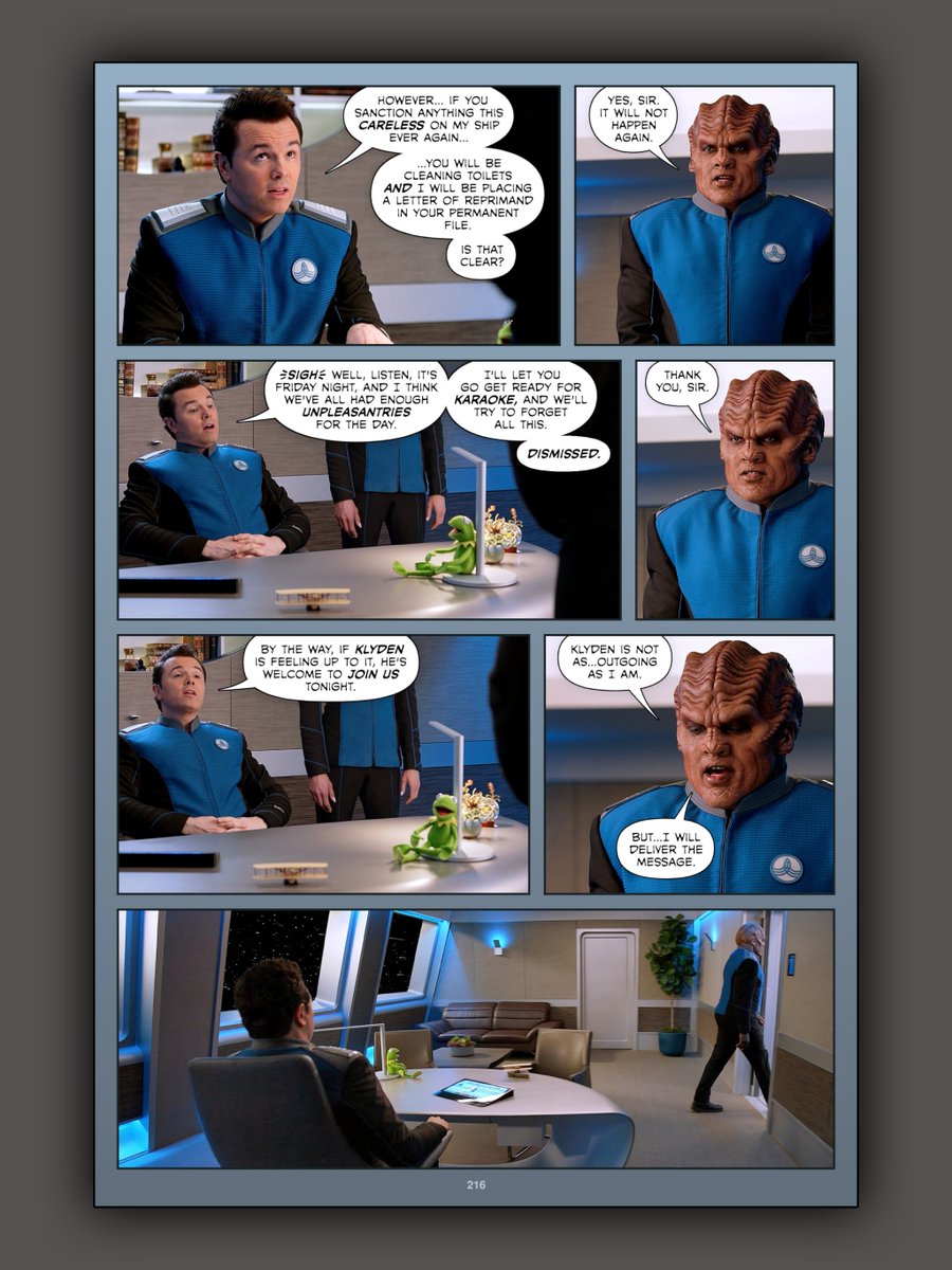 Page 216 of #TheOrvilleInked. Ed issues a final warning to Bortus and dismisses him. It's been a long day with enough unpleasantries, and it's time to just relax and do karaoke.

Read more:  fibblesnork.com/TheOrville/Ink…

#TheOrville @SethMacFarlane @AdriannePalicki #PeterMacon