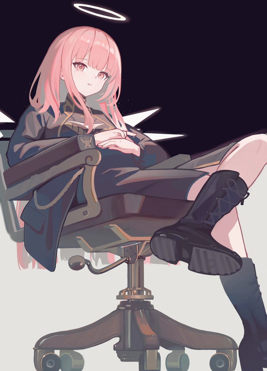 1girl halo solo long hair boots pink hair sitting  illustration images
