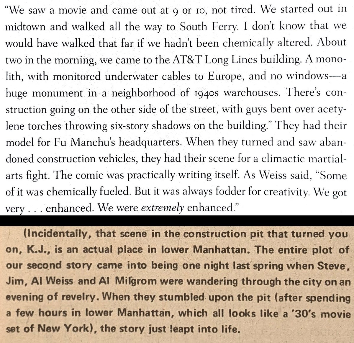 In Master of Kung Fu #16, Fu Manchu's HQ is the Long Lines building in lower Manhattan, and there's a fight on a construction site. Steve Englehart, Jim Starlin & Al Weiss tell how it came to be in Marvel Comics: The Untold Story. There was a more PG version in the letter column.