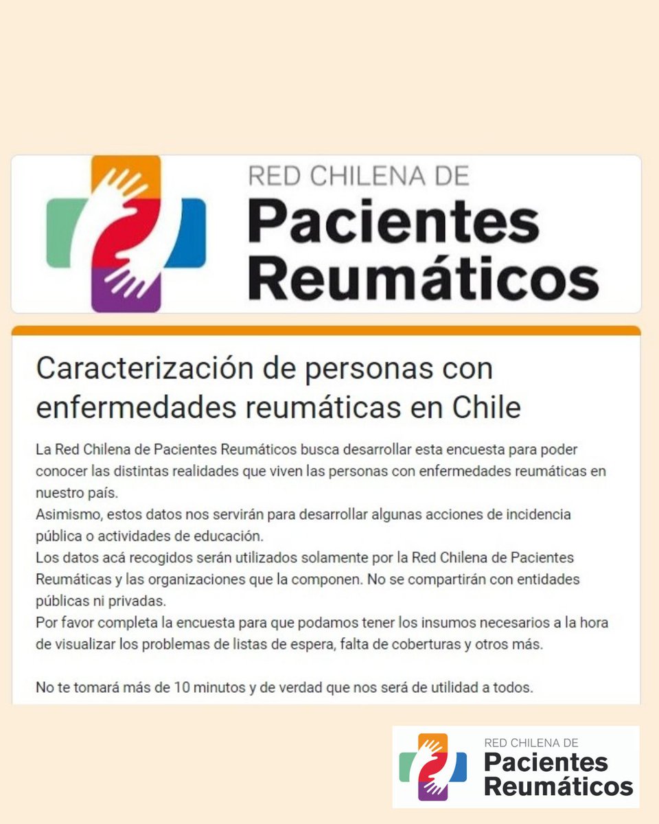 PacientesReumCL's tweet photo. Te invitamos a contestar la 1ra encuesta de Caracterización de Personas con Enfermedades Reumáticas en Chile.

Te tomará cerca de 8 minutos contestarla, pero los datos serán sumamente útiles para definir nuestro trabajo y prioridades con la autoridad.

https://t.co/MIYnqIpJMa https://t.co/ijH39VFmFP