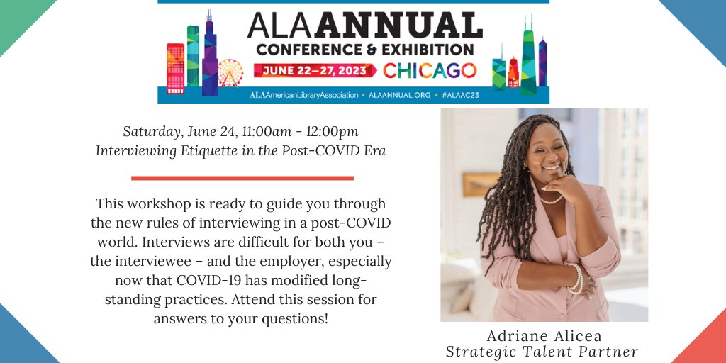 alaplacement's tweet image. Join Strategic Talent Partner,  Adriane Alicea as she guides you through what is expected and accepted during the interview process. Conference registration is not required to attend. We are located in McCormick West - Level 3 -Halls F1 and F2!  #ALAAC23PLACEMENT #ALAAC23