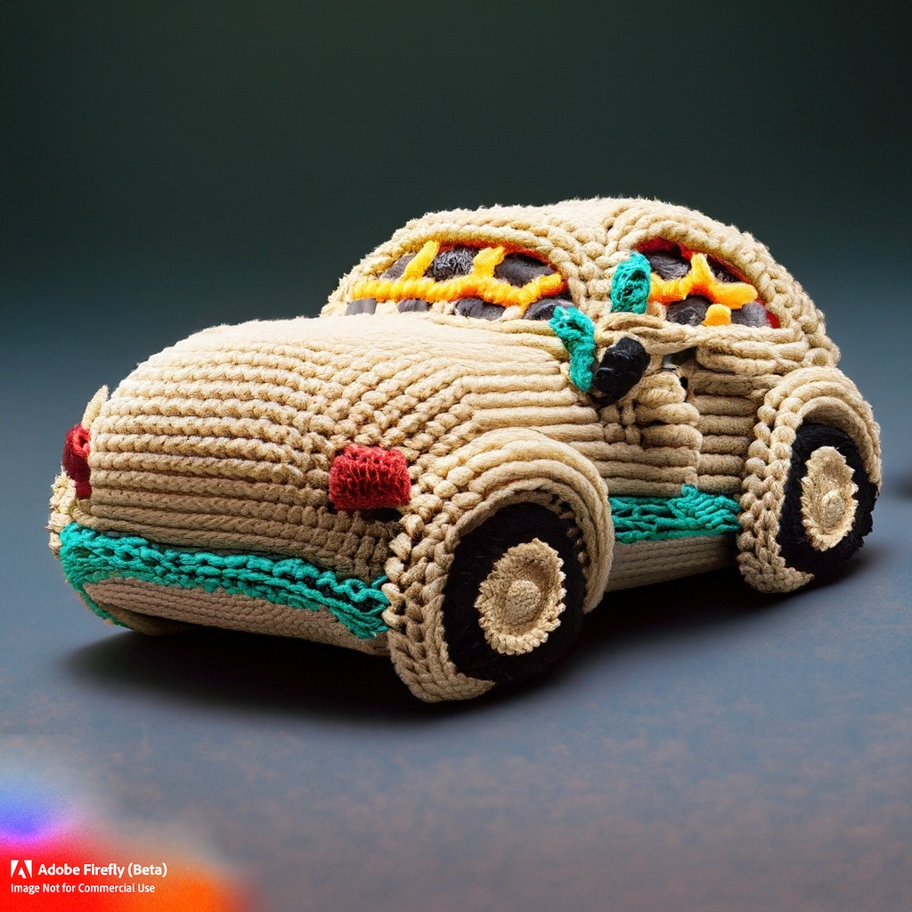 I've been playing with Adobe Firefly on recent days. A bit of a hard time for me, as I'm more used to prompting in MidJourney. But I gave it a try with knitted vehicles and was able to generate some pretty cool results!

The first one was a classic VW Beetle