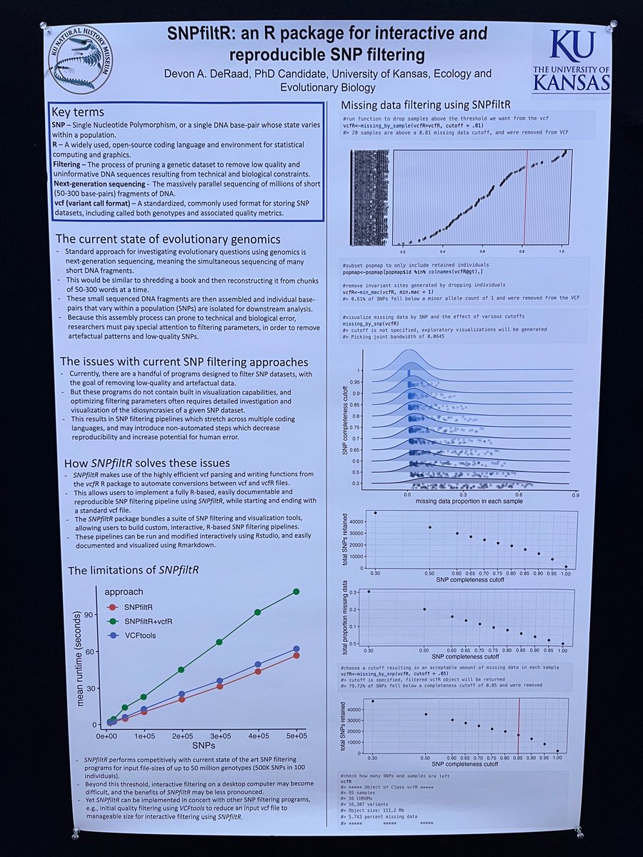 My poster on the R package SNPfiltR is now up in poster bay #47 at #Evol2023 if you’re interested in intuitive visualizations of important quality control metrics for your SNP datasets, come check it out! Or peruse online, here: devonderaad.github.io/SNPfiltR/