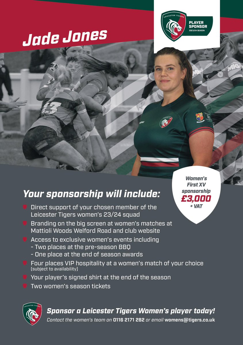 I am looking for a player sponsorship for the 23/24 season as Leicester Tigers make their inaugural season in the Women’s Premier 15s. 

Please get in touch if you are interested on 0116 2171 282 or email womens@tigers.co.uk