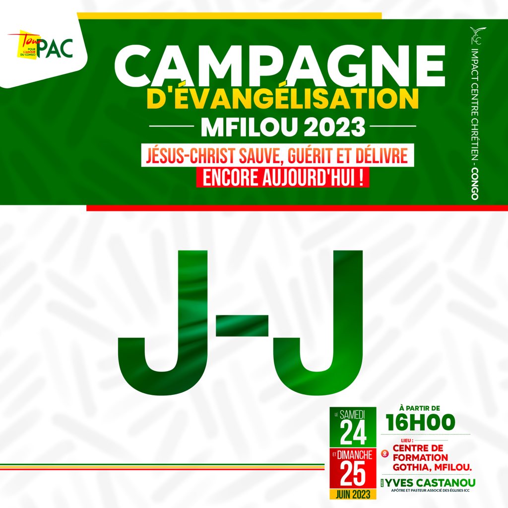 📣 LE TOUR PAC À MFILOU | J-J 🇨🇬 📣

❇️ Si vous habitez à Mfilou aux alentours, ne ratez pas ces moments et rejoignez-nous tout à l’heure à partir de 16h au centre de formation Gothia. 

Ensemble, pour gagner le Congo à Jésus-Christ ! 🇨🇬🔥

#évangélisation #TOURPAC #icccongo