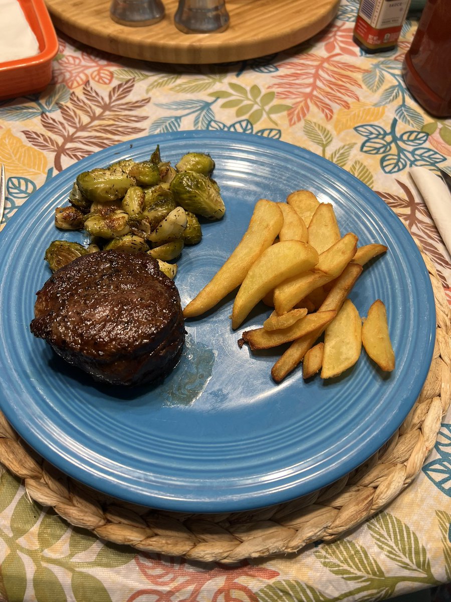 Lunch today.  Pan Seared Filet, Steak Fries and Roasted Brussel Sprouts.