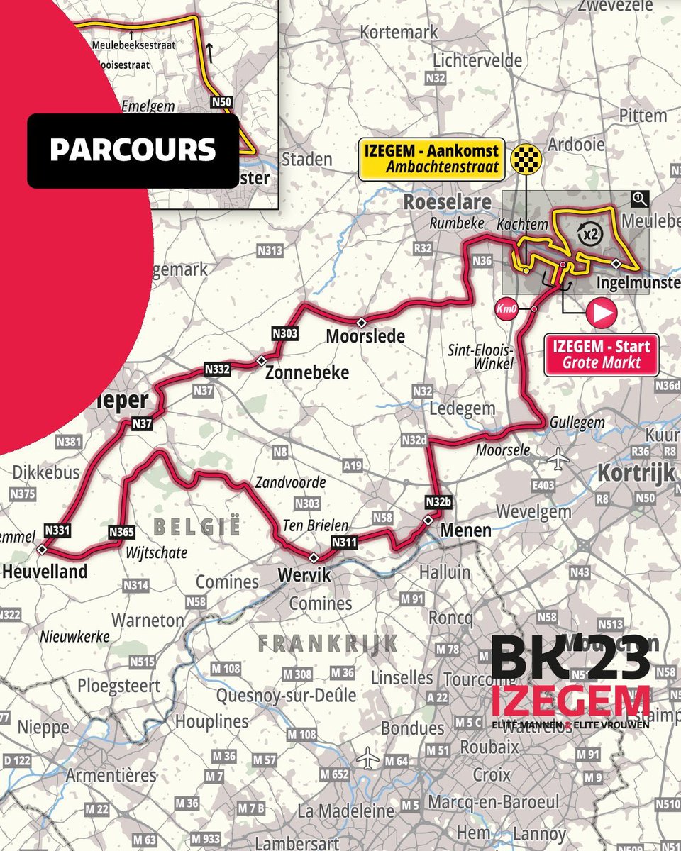 Dit is het parcours voor de vrouwen! 🇧🇪 Kies je plekje en kom supporteren voor jouw favoriete 🙌 #BKIzegem23