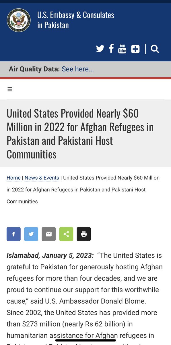 سال 2022 ۾ آمريڪا افغان رفيوجيز لاء 60 ملين ڊلر پاڪستان کي ڏنا، 
جڏهن ته گذريل چار سالن ۾ پاڪستان 273 ملين ڊالر آمريڪا کان وٺي چڪو آهي. 
#SendBackAfghanRefugees #ExpelAfghanis